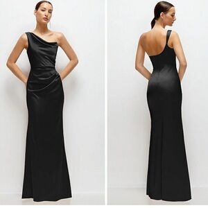 After Six One-Shoulder Cat-Eye Neckline Fit and Flare Black Satin Maxi Dress NWT